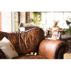 a brown leather couch sitting in front of a window with two white pillows on top of it