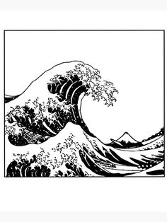 an ink drawing of the great wave in black and white