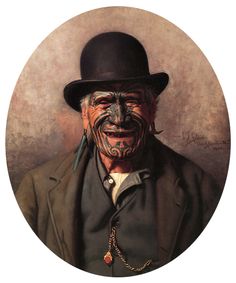 an old man wearing a top hat and green coat with his face painted like a snake