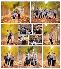 a collage of people posing for pictures in an autumn park with leaves on the ground