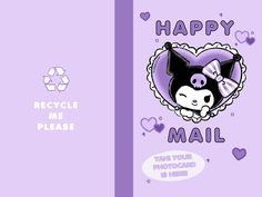 a purple greeting card with an image of a cat in a heart and the words happy mail