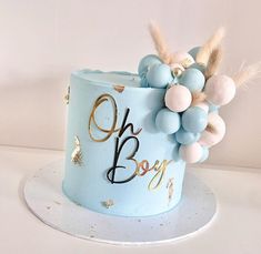 a blue birthday cake decorated with balloons, feathers and the words oh boy on it