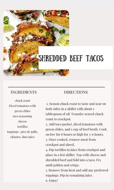 the ingredients for shredded beef tacos are shown in this recipe book, including broccoli and other vegetables