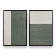 two paintings with green and white paint on the wall, one in black framed above it