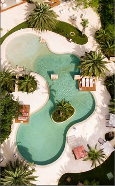 an aerial view of a pool with lounge chairs and palm trees