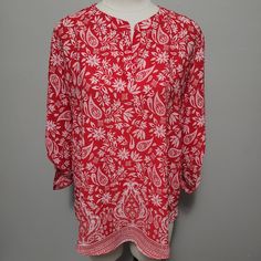 The Perfect Pairing For Your Favorite Jeans. Bright Red Floral Blouse With A Printed Border, Roll Tab Sleeves, And Rounded Hem That Hits At The Hips. Size Large Split Neck 100% Polyester Red Tunic Tops For Spring, Yellow Floral Shirt, Red Floral Blouse, Black Floral Blouse, Floral Tunic Tops, White Sleeveless Blouse, Sheer Shirt, Purple Blouse, Floral Tunic