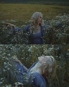 a woman laying in the middle of a field with flowers on her chest and arms outstretched