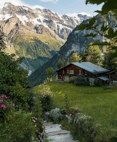 a wooden cabin in the mountains with stairs leading up to it and flowers growing on the grass