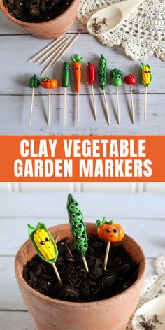 clay vegetable garden markers in a pot