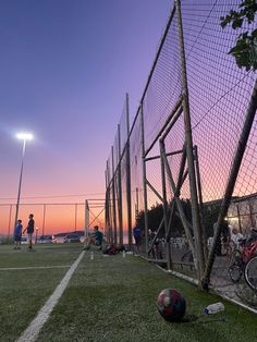 a soccer ball sitting on top of a field next to a goalie's net