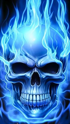 a blue skull with flames on it's face