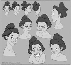 various facial expressions and hair styles for the character's face, from different angles