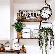 a shelf with some plants on it and a clock hanging from the wall next to it