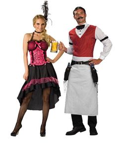 two people dressed in costume standing next to each other, one holding a drink and the other wearing an apron