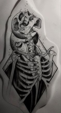 a drawing of a skeleton with an elephant on it's chest and head in the shape of a heart