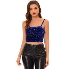 Shining sequin fabric graces this sweet camisole that features with velvet adjustable straps and cropped top to show off your perfect figure. Pair with any black leather bottoms, skin-tight denim or high-waist shorts for a party-perfect look. This cropped cami topis covered with shimmering sequin and velvet strappy, offers a beautiful shine in any light. Halloween Club Party, Sequin Cami Top, Halloween Club, Quinceañera Ideas, Swift Outfits, Party Crop Tops, Top Azul, Velvet Cami, Perfect Figure