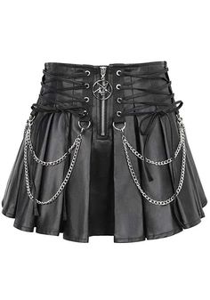 Get All Tied up with this A-hem pleated faux leather skirt with webbing and eyelets for adjusting and embellishing. Add some flair with a dangling chain design and pentagram zipper charm! Perfect for any Gothic clothing lovers! Fabric composition: 95% Cotton 5% Viscose Front Zipper Skirt, Anime Skirts, Punk Skirt, Chain Skirt, Rock Style Outfits, Pleated Skirt Short, High Waisted Pleated Skirt, Rock Outfit, Style Rock