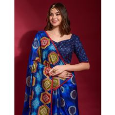 Blue colored saree is made from art silk fabric which is highlighted with beautiful geometric pattern with foil print work as shown. comes along unstitched art silk blouse piece which you can customise as per your design/style. Occasion - You can wear this saree for parties, festive and functions ideal for any fashionista. Note:- The actual product may differ slightly in color and design from the one illustrated in the images when compared with computer or mobile screen. Bollywood Style Digital Print Pre-draped Saree For Diwali, Art Silk Pre-draped Saree With Printed Border, Festival Art Silk Pre-draped Saree With Printed Motifs, Designer Digital Print Saree For Eid, Bollywood Style Blouse With Printed Border For Navratri, Multicolor Anarkali Style Pre-draped Saree With Printed Motifs, Anarkali Style Multicolor Pre-draped Saree With Printed Motifs, Blue Pre-draped Saree With Unstitched Blouse For Festivals, Multicolor Digital Print Pre-draped Saree For Diwali