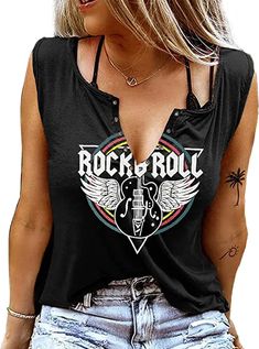 Need an outfit for a Metallica concert? We gathered over 100 cute, edgy, and cool outfits, so you can easily create an amazing look for the upcoming concert! Concert Outfit Rock, Country Tank Tops, Music Shirts, Country Music Shirts, Sleeveless Shirts, Amazon Clothes, Music Tees, Casual Summer Tops, Rock Concert