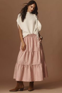 Loverly Grey x Anthropologie: The Somerset Maxi Skirt | Anthropologie Earthy Tone Outfits, Extra Dresses, Loverly Grey, Cotton Maxi Skirts, Tiered Maxi Skirt, Anthropologie Skirt, Pink Fits, Floral Maxi Skirt, Cotton Maxi