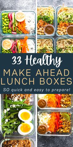 healthy lunch boxes with text overlay that reads 23 healthy make - ahead lunch boxes so quick and easy to prepare