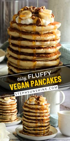 A stack of fluffy vegan pancakes, topped with vegan whipped cream, bananas, walnuts, and maple syrup; text says, "easy fluffy vegan pancakes." Vegan Pancake Recipes, Buttermilk Pancakes Fluffy, Turbinado Sugar, Bobs Red Mill, Flax Egg, Vegan Pancakes, Buttermilk Pancakes, Fluffy Pancakes, Pancake Batter