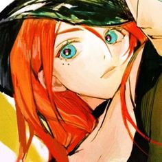 a drawing of a girl with red hair and blue eyes wearing a green beret