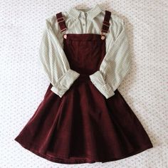 Dress: dungarees, burgundy, blouse, shirt, overall dress red ... Pakaian Feminin, Soft Grunge, Clueless, Overall Dress, Gyaru