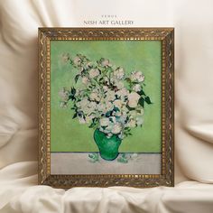 a painting of white flowers in a green vase