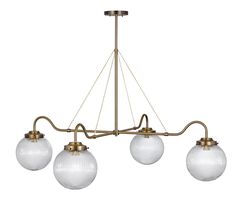 three light chandelier with glass globes hanging from the ceiling, on an antique brass finish