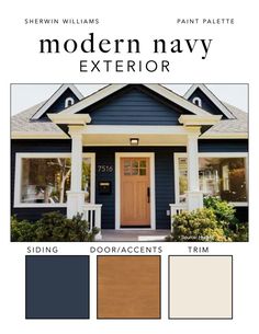 the color scheme for modern navy exterior is shown in shades of brown, blue and white