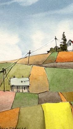 a drawing of a farm with windmills in the distance and houses on top of it