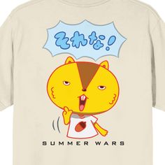 Summer Wars fans are sure to love this men’s double-sided tee! The natural-colored tee features a big, colorful graphic of Kari Kenji that appears on both the front and back of the tee. The short sleeves and crew neck offer comfort and style that are perfect for all-day, any-day wear, and since it's crafted from high-quality, 100% cotton, this tee ensures a soft and comfortable feel. When it's time for cleaning, simply machine wash it cold and tumble dry low for effortless care. Beige Screen Print T-shirt For Summer, Summer Crew Neck T-shirt With Character Print, Summer Beige T-shirt With Screen Print, Graphic Print Beige T-shirt, Summer Waves, Sleeve Packaging, Mens Crew Neck, Double Sided, Casual Fits