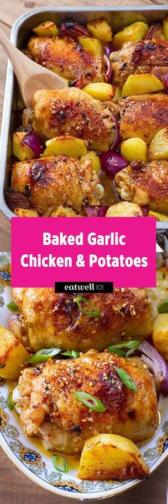 baked garlic chicken and potatoes in a baking dish with pink text overlay that reads baked garlic chicken and potatoes