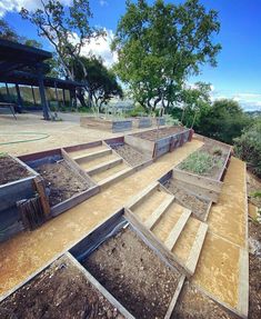 an outdoor garden with steps leading up to the trees and dirt area in front of it