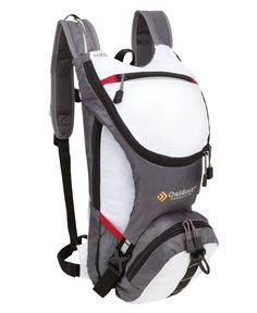 the back pack is white and grey with red accents