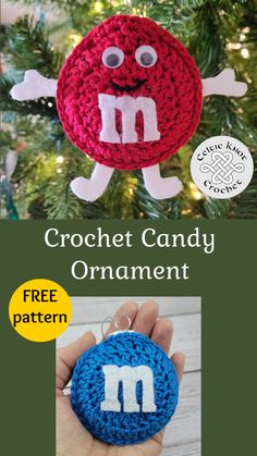 crochet candy ornament with the letter m on it and an image of a