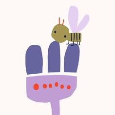 a drawing of a bee on top of a purple plant with red dots in the middle