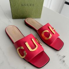 Brand New In Box. 100% Authentic Gucci Cara Logo Leather Slide Sandals Size 36 Style - 694858 C9d00 070 6712 Color- Runway Coral Stunning Gucci Cara Slides Features Hammered Gold Letters Across The Vamp To Spell Gucci. Comes Exactly As Shown In Photos. Includes Box, Dustbags And Papers. Retail $1050 Plus Tax. Elegant Red Gucci Sandals, Designer Flat Sandals For Formal Occasions, Gucci Luxury Flat Heel Sandals, Gucci Designer Flat Sandals, Gucci Flat Sandals For Formal Occasions, Elegant Gucci Flat Sandals, Gucci Formal Flat Sandals, Chic Red Gucci Sandals, Luxury Red Slip-on Sandals