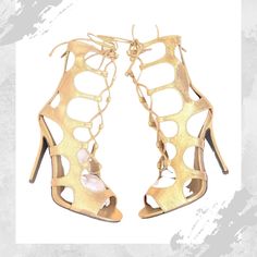 Sexy Cutee Tall Gold Gladiator Heels - Sizes - 7.5 , 8 Or 8.5 Left - Color - Metallic Gold - Material - Soft Faux Leather / Cut Out Details. - Strap Mid-Calf / Open Toe / Stiletto / Sandals / Lace Up Tied Front / Single Sole - Behind Zip For Easy Slip On / Off. - Sexy Date Night / Gladiator Heels / Perfect For Entering New Years 22’ / Midnight New Years Kiss Must Have! Includes Shoe Box | Brand New Surprise Gifts On All Single Or Bundled Orders | F Fitted Gold Strappy Heels, Strappy Heels For Party, Strappy Heels For Parties, Fitted Strappy Heels For Party, Glamorous Fitted Heels For Date Night, Summer Club Heels, Fitted, Summer Club Heels Fitted, Fitted Heels For Summer Clubbing, Fitted 4-inch Heels For Club