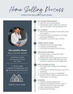 a real estate agent's resume is shown in blue and white, with the words home selling process on it