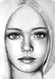 a pencil drawing of a woman's face with long blonde hair and blue eyes