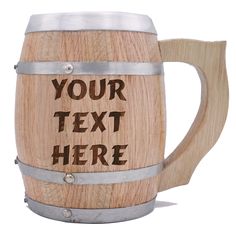 a wooden beer mug with the words your text here engraved on it