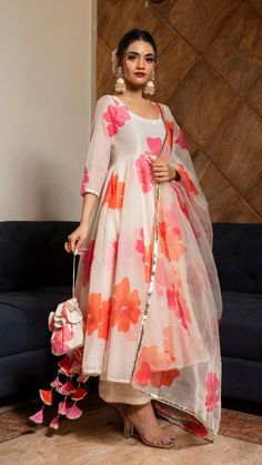 Floral Print Anarkali, Printed Anarkali Suits, Organza Suits, Georgette Dupatta, Traditional Indian Dress, Salwar Kamiz, Indian Dresses Traditional, Traditional Indian Outfits