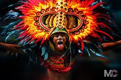 a woman in an elaborate headdress with feathers on her head and hands out