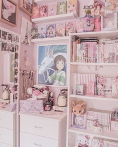 a room filled with lots of shelves and pictures on the wall next to each other