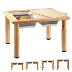 a wooden table with four stools and two trays on it, all in different positions