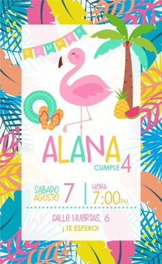 a pink flamingo is standing in front of palm trees and the words aluna on it