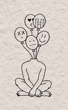 a drawing of a person sitting on the ground with balloons in front of their head