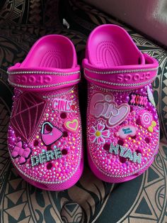 Custom rhinestone pink crocs. Once ordered I will send you available patches and charms or if you have a different theme you want please message me and let me know what your idea is. Kids sizes also available. Once you place your order please make sure to check your messages frequently as this is a custom order and I will have a lot of options you need to answer Designer Crocs, Taylor Swift Shoes, Bedazzled Shoes, Custom Crocs, Pink Crocs, Crocs Fashion, Custom Rhinestone, Women's Slip Ons, Crocs Clogs